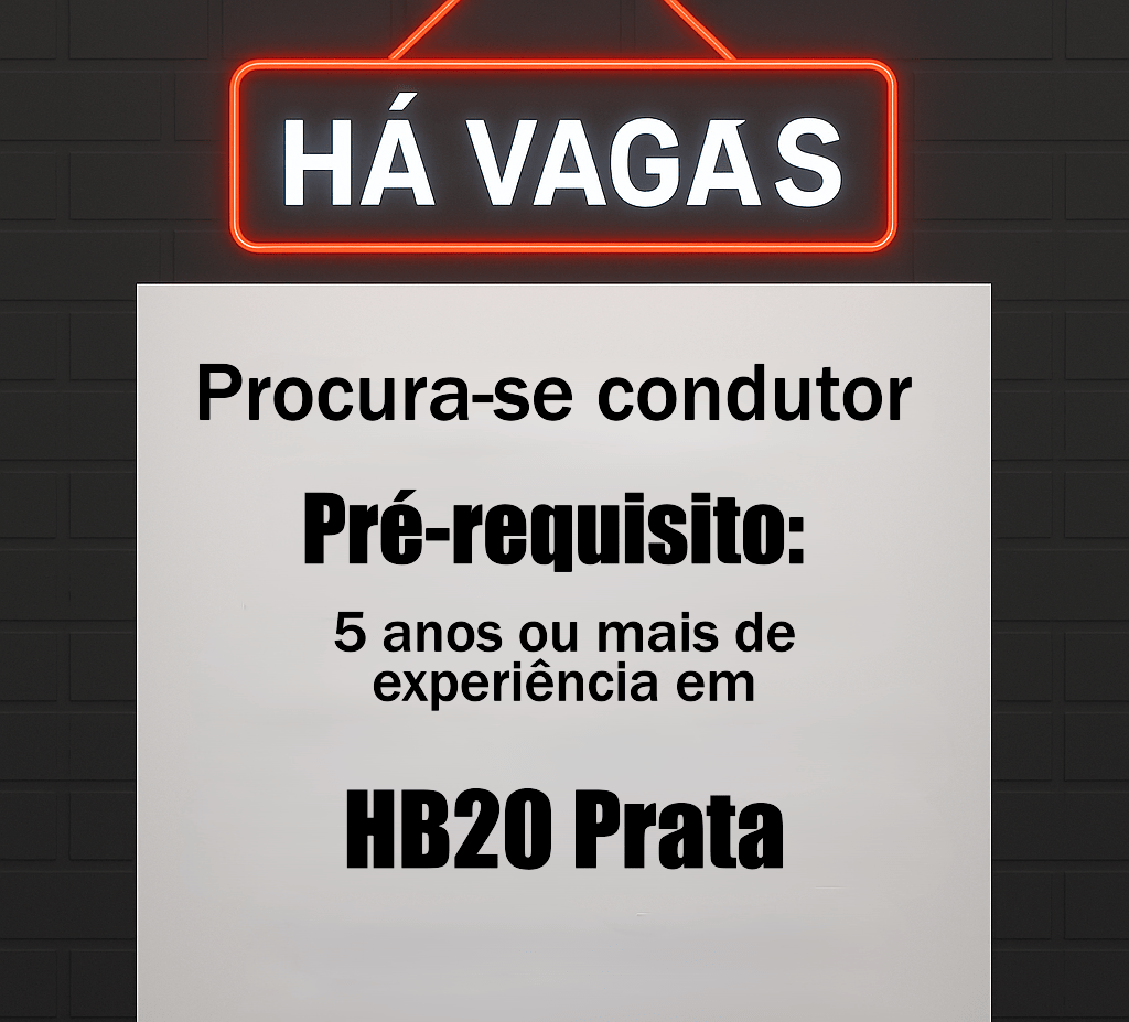 Imagem mostra anúncio inusitado de vaga de emprego: Procura-se um condutor categoria B que tenha 5 anos de experiência em HB20 cor prata.