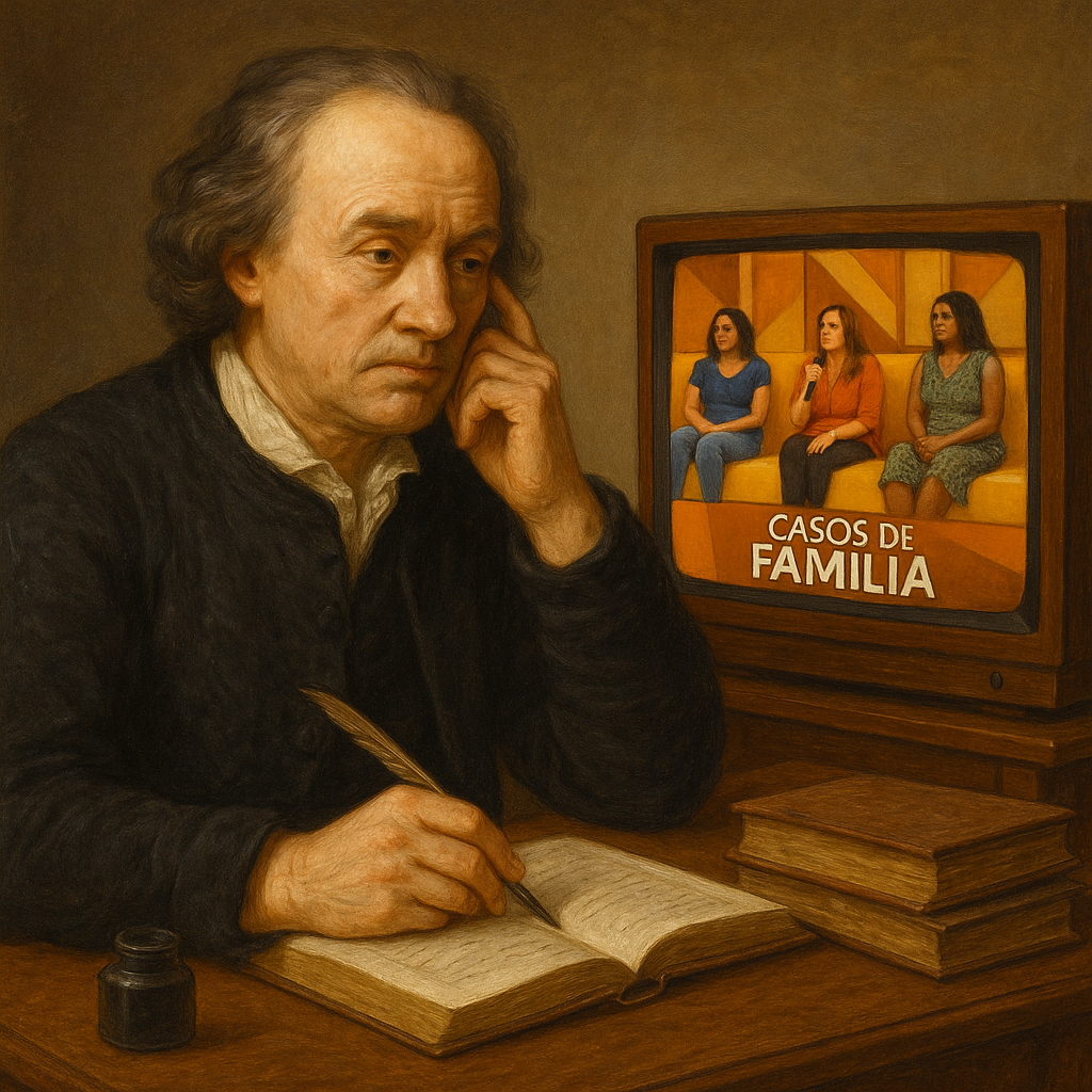 A imagem mostra um escritor pai de grandes clássicos da literatura assistindo seu programa de TV favorito: casos de familia.