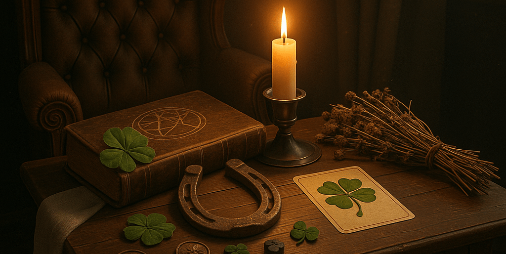 A imagem mostra alguns elementos ligados a superstição: vela, trevo de quatro folhas, um grimório, ramos.