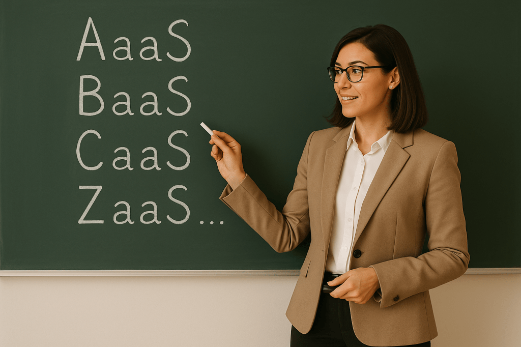 A imagem mostra uma professora ensinando do alfabeto da nuvem (cloud)., No quadro negro temos escrito AaaS, BaaS, CaaS, ZaaS... sugerindo que temos serviços na nuvem (as a service) de A à Z. 