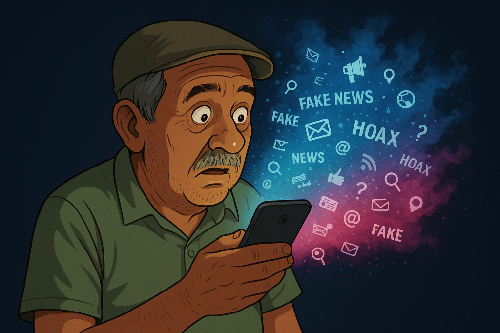 a foto mostra um senhor segurando um celular. Ele demonstra espanto com tudo que recebe pois acredita que tudo é verdade. 