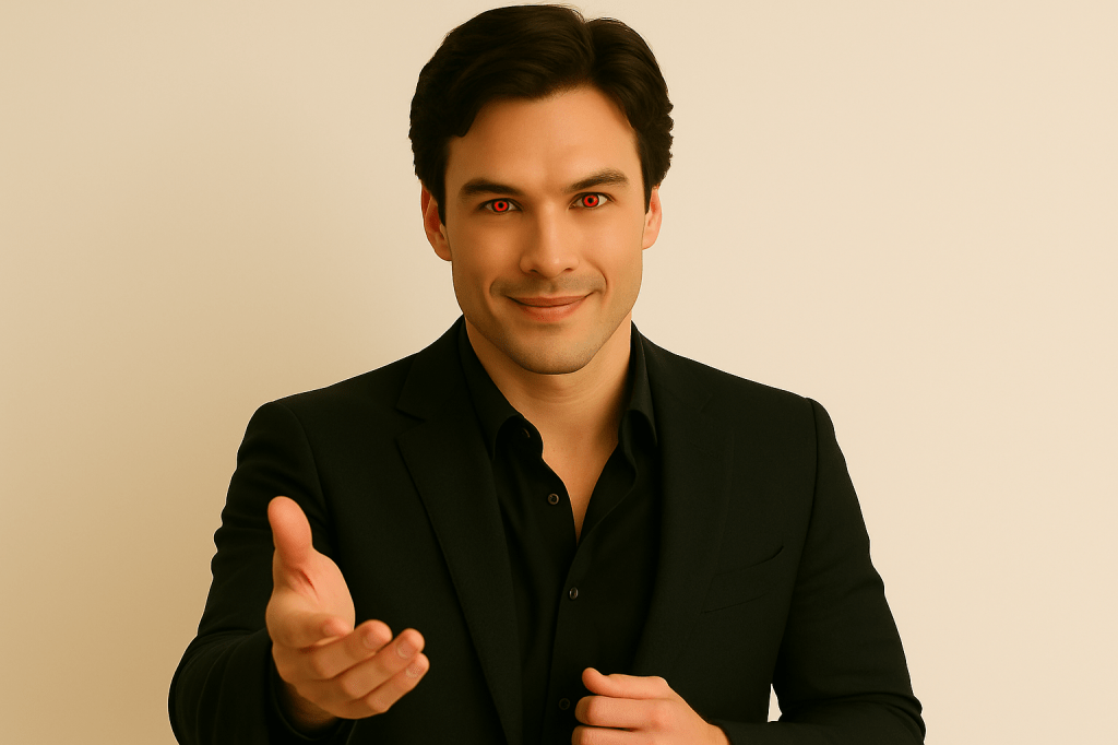 A foto mostra um vampiro com olhos vermelhos, sorridente, charmoso, que tenta transmitir um ar de pessoa gentil e boa para ganhar confiança da vítima. 